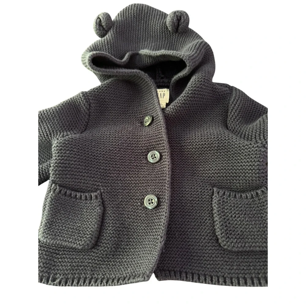 Baby Gap Bear Ear Hooded Garter Stitch Cardigan Navy Blue 0-3 Months